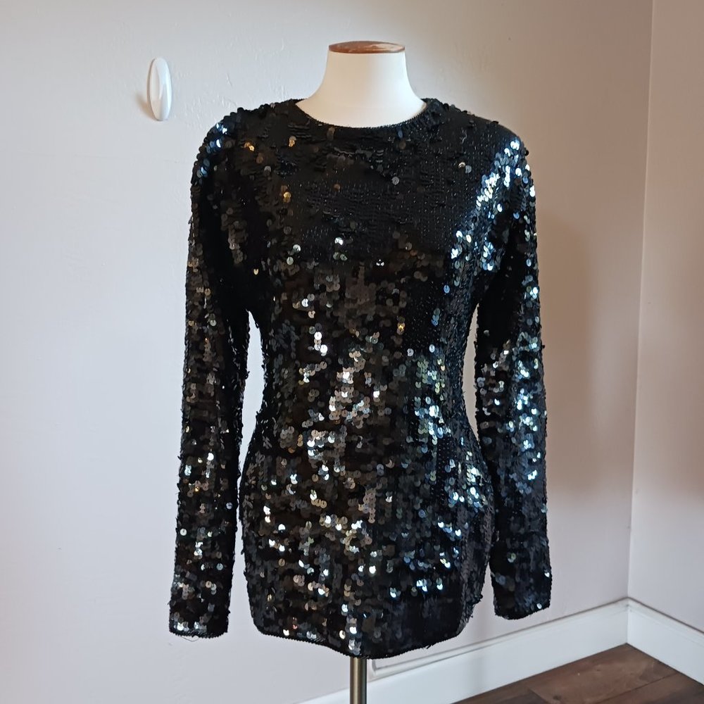 CATHY HARDWICK Vintage Black Liquid Sequin Fitted Lambswool Sweater